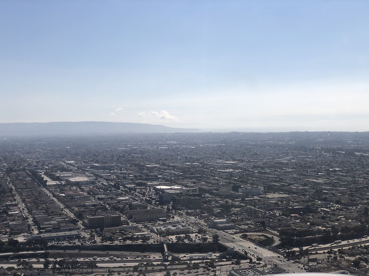 Aerial view southwest over Hawthorne from an airplane approaching LAX.