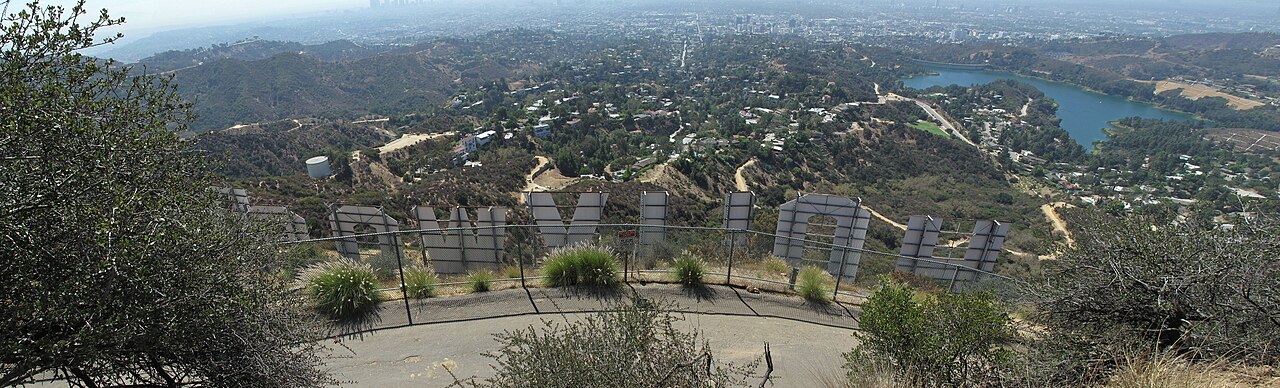 Panorama from Mount Lee looking down toward Beachwood Canyon behind the Hollywood Sign.