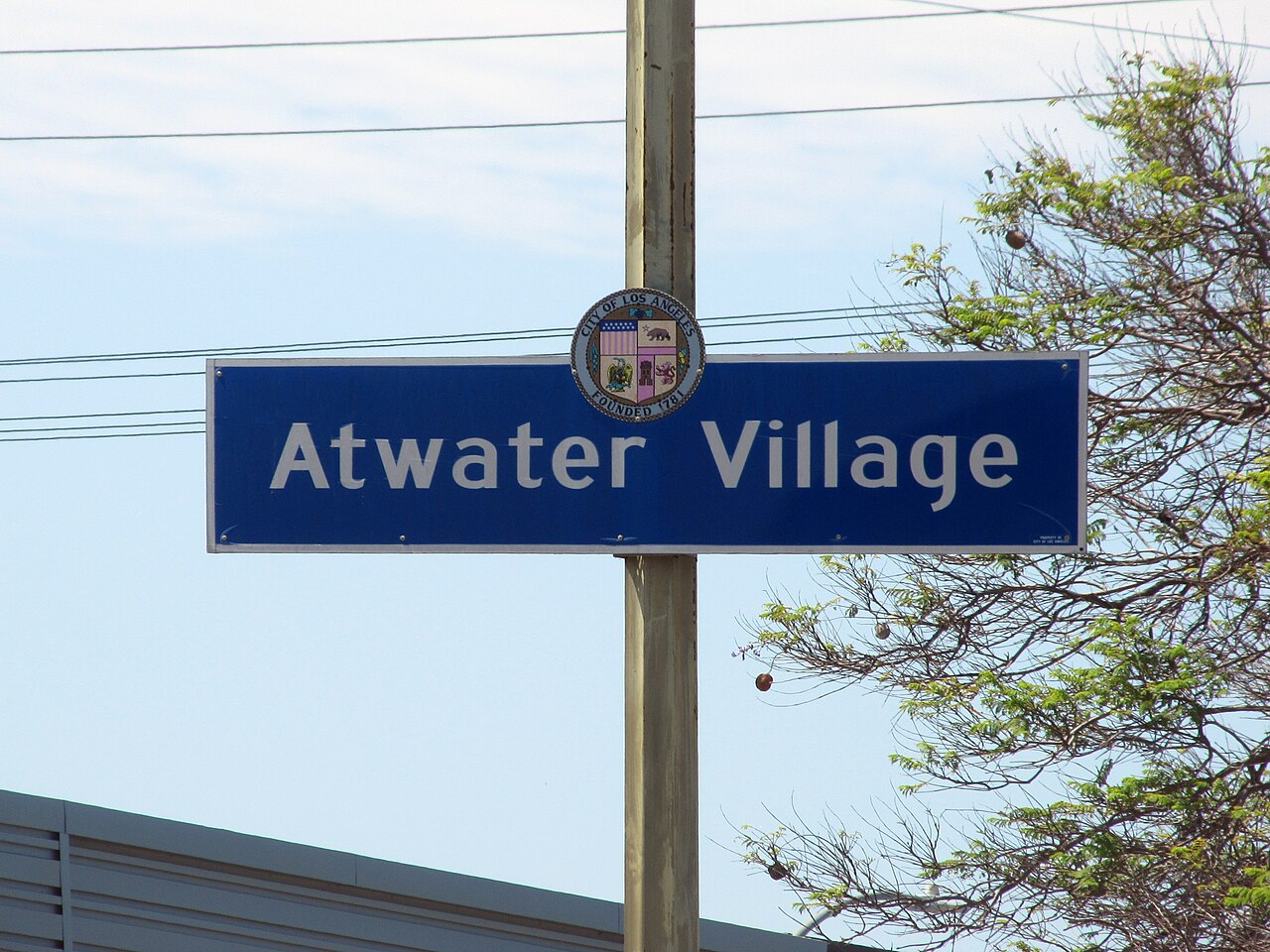 Atwater Village neighborhood sign at Glendale Boulevard and Seneca Avenue.