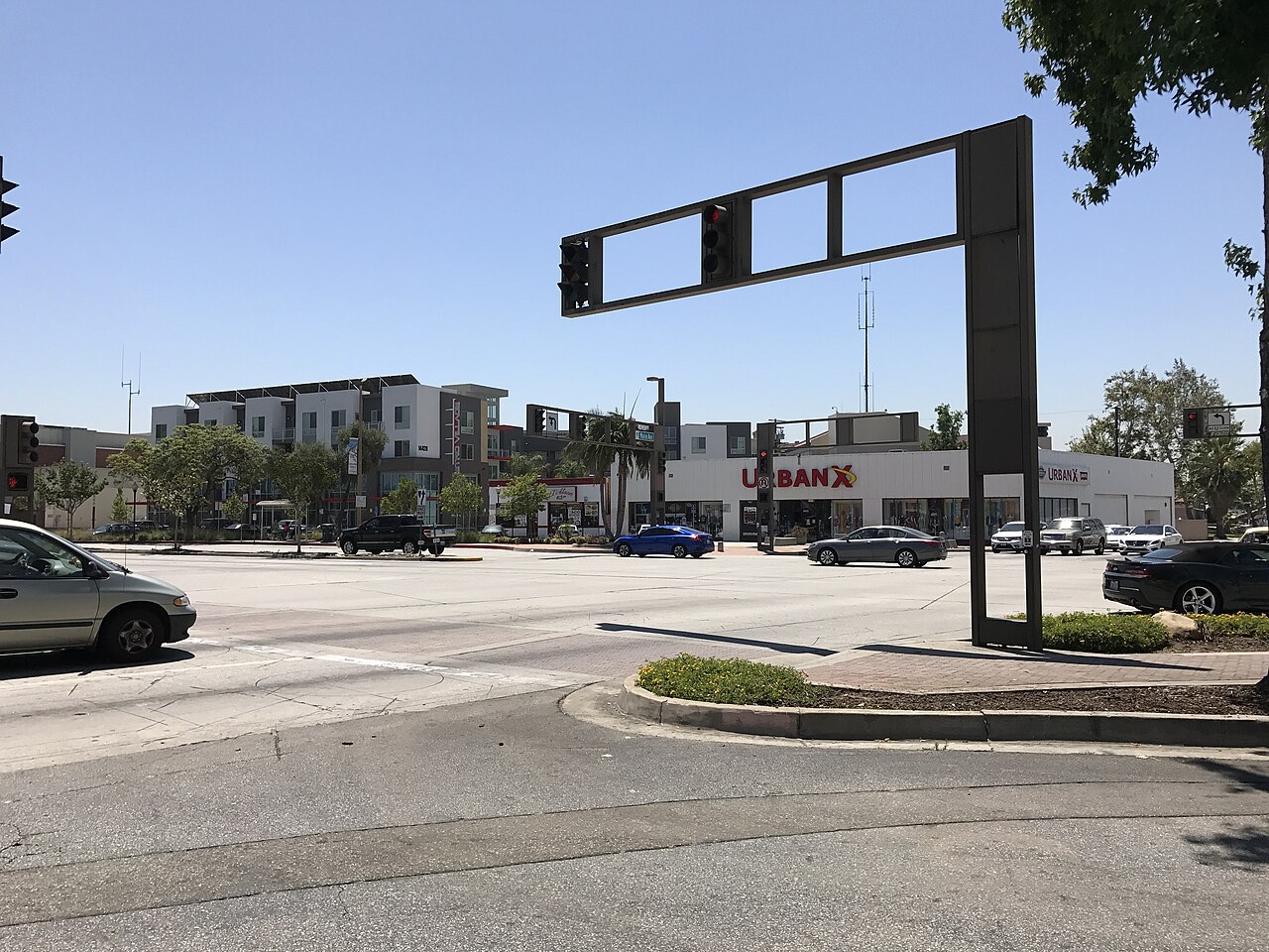 Intersection and buildings near Baldwin Park's civic and transit complex.