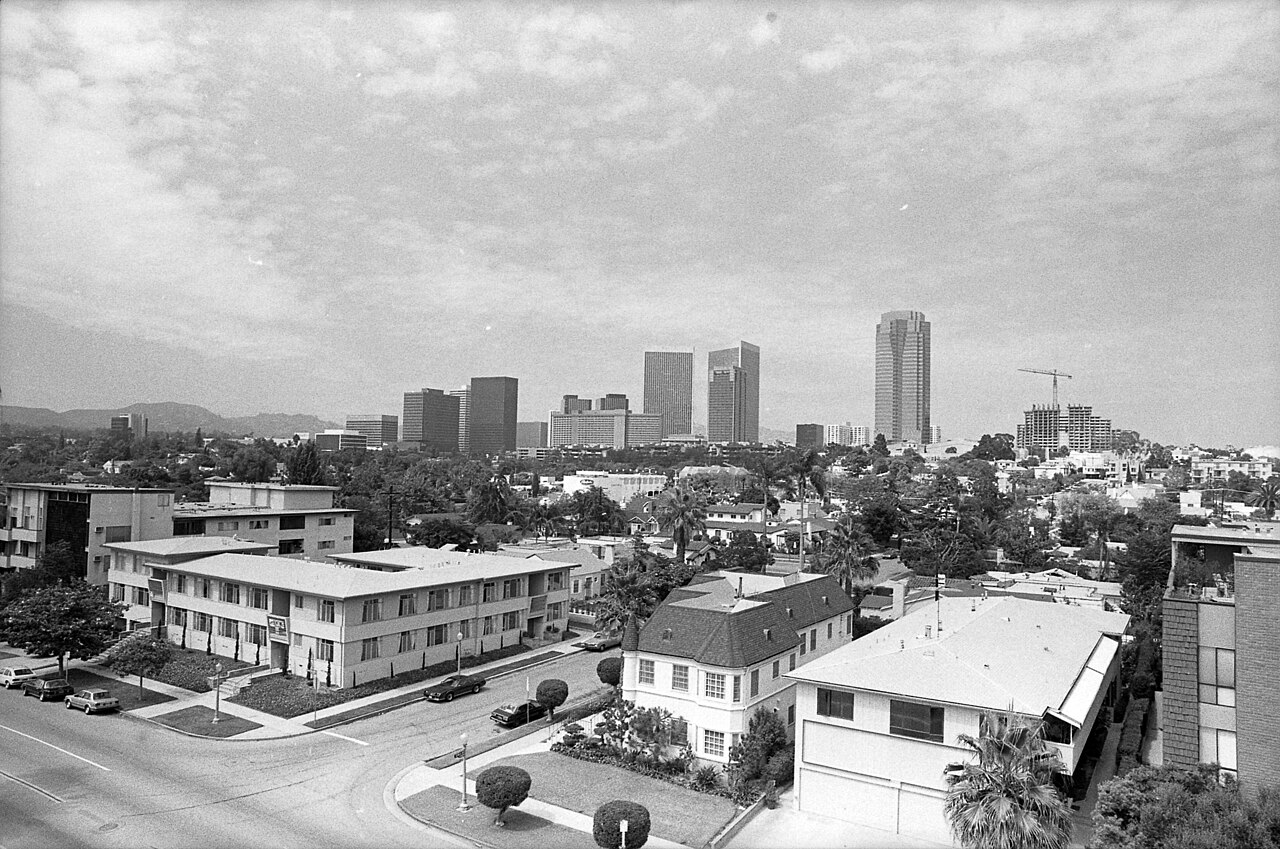 Century City skyline seen beyond Cheviot Hills in a historical photograph dated July 20, 1987; foreground is Cheviot Hills, not Century City.
