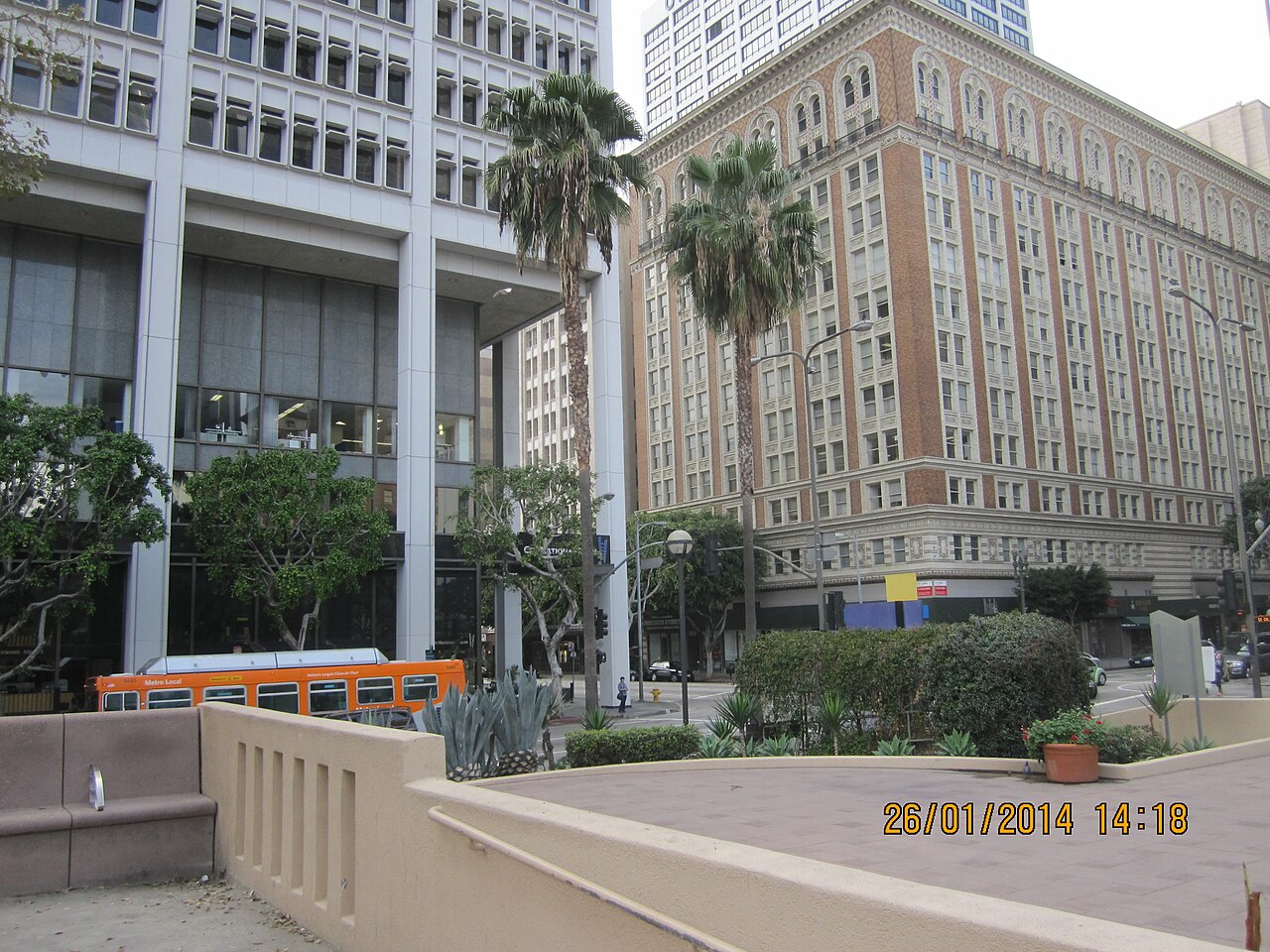Downtown Los Angeles buildings and street-level plaza, January 2014 photograph.