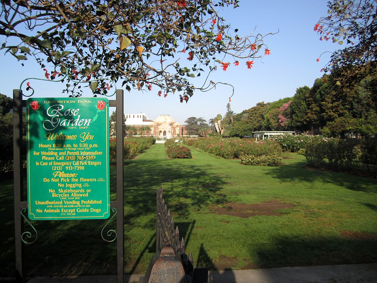 Rose Garden entrance, lawns and gardens in Exposition Park.