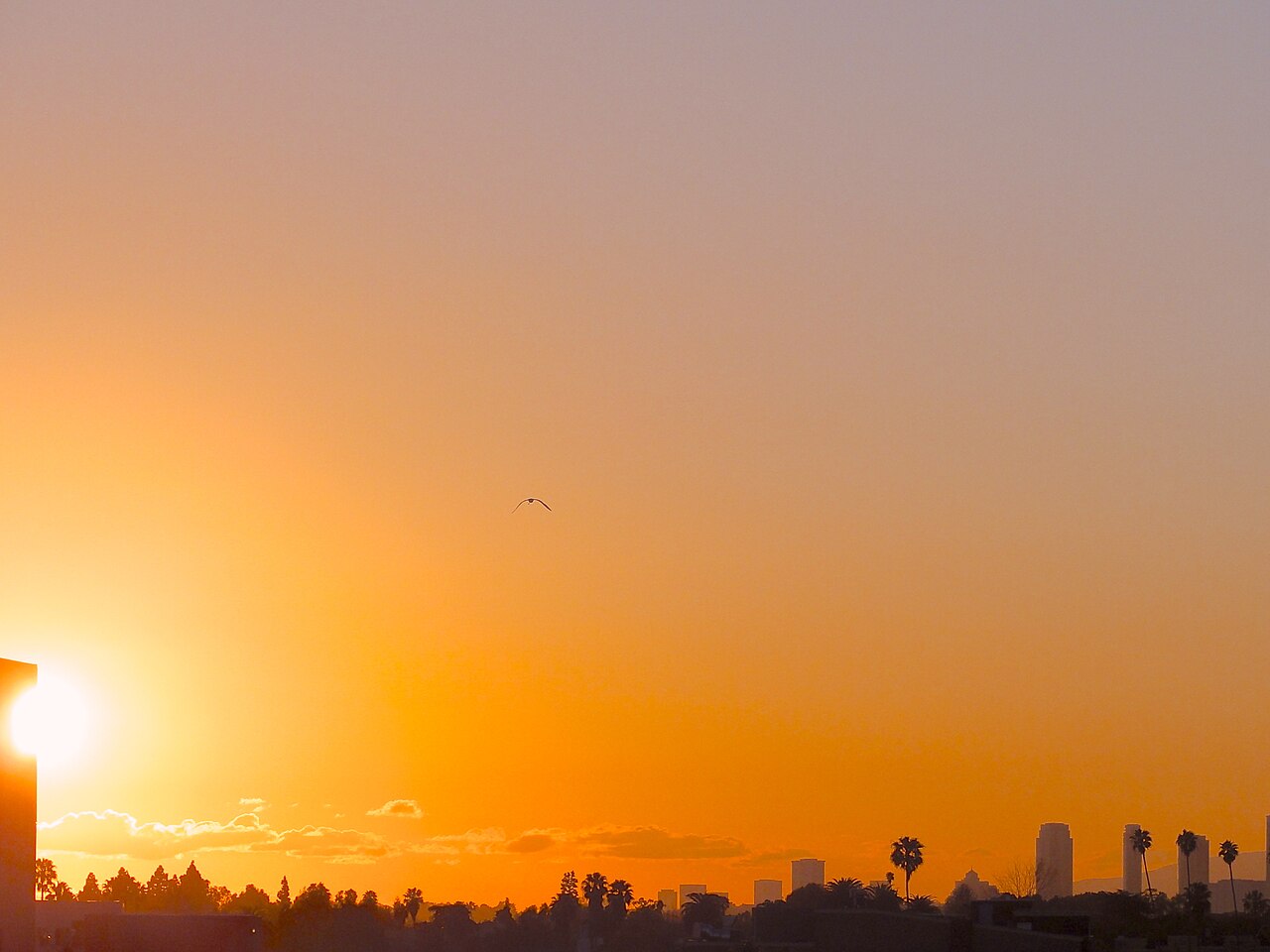 Sunset above the Koreatown skyline in Los Angeles.