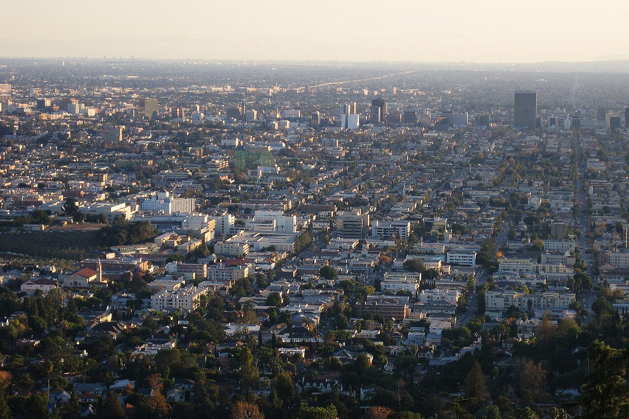 Little Armenia near the center of a Los Angeles basin panorama, viewed from Griffith Observatory in 2006.