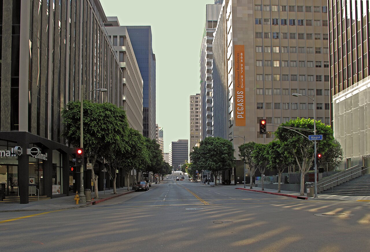 Wilshire Boulevard looking west from Hope Street among Financial District buildings.