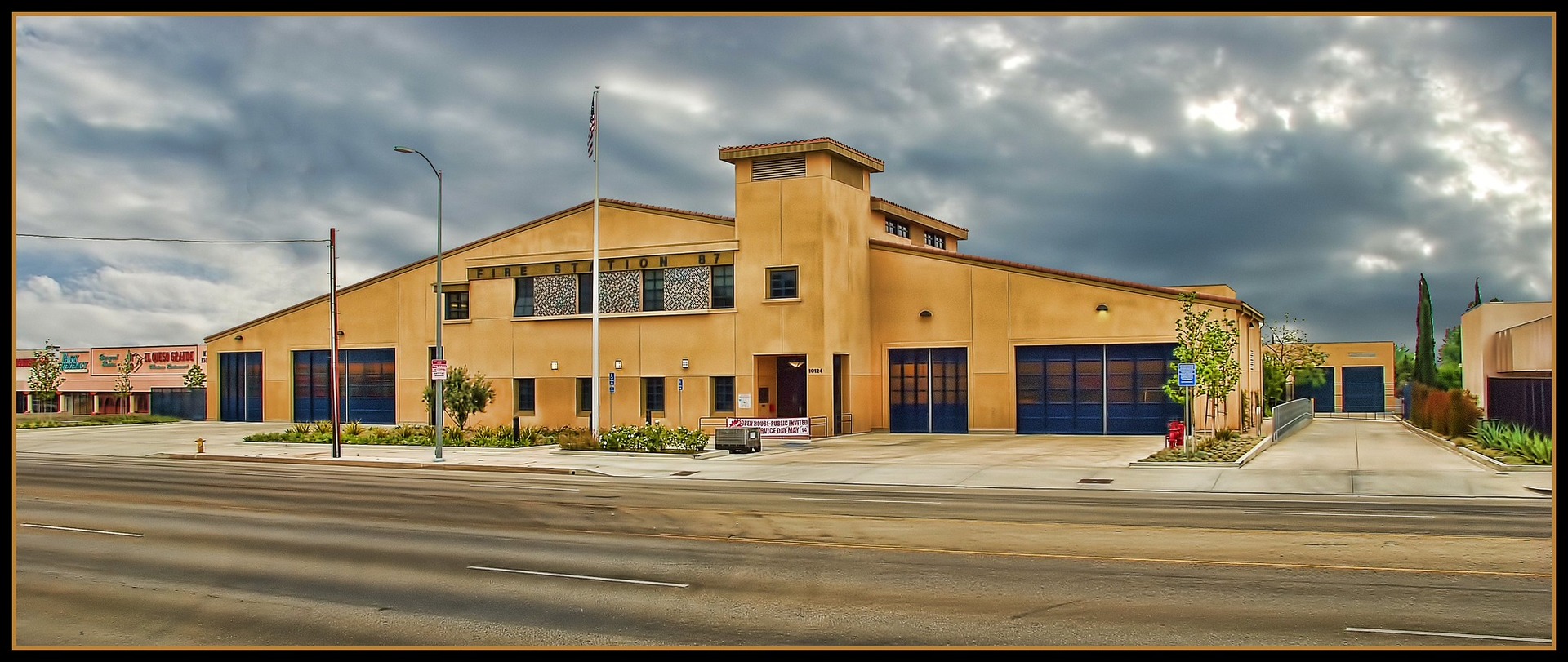 Wide exterior view of Fire Station 87 in Granada Hills