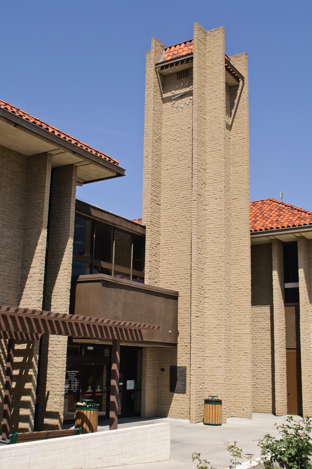 Glendora Public Library entrance and civic-center clock tower.
