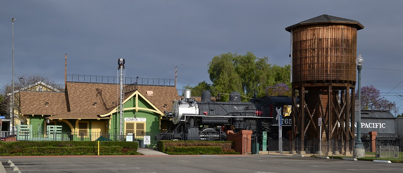 Lomita Railroad Museum, locomotive and water tower.