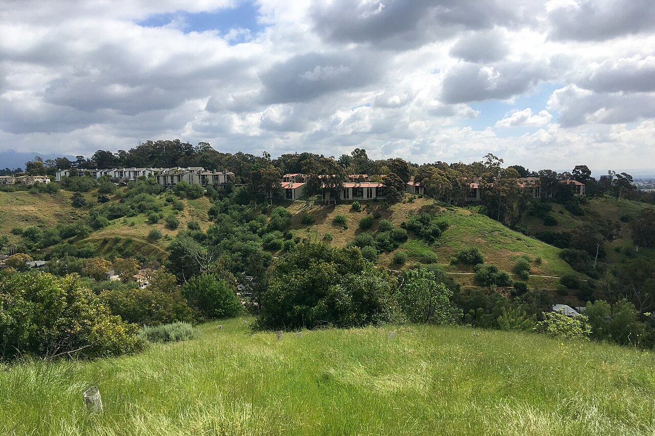 Residential buildings above green slopes and trees.