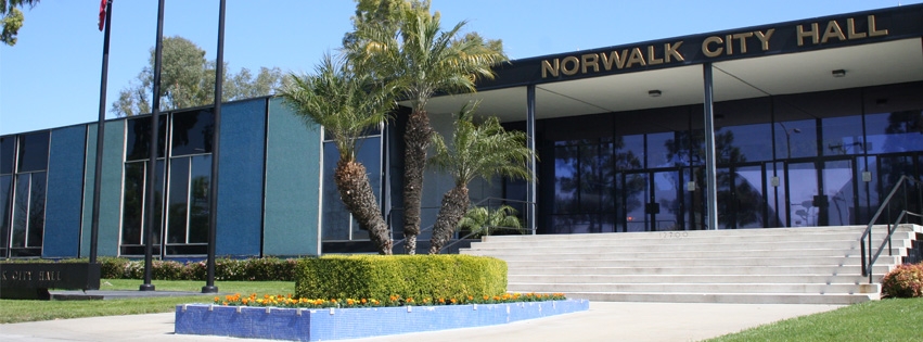 Norwalk City Hall exterior and landscaped entry.