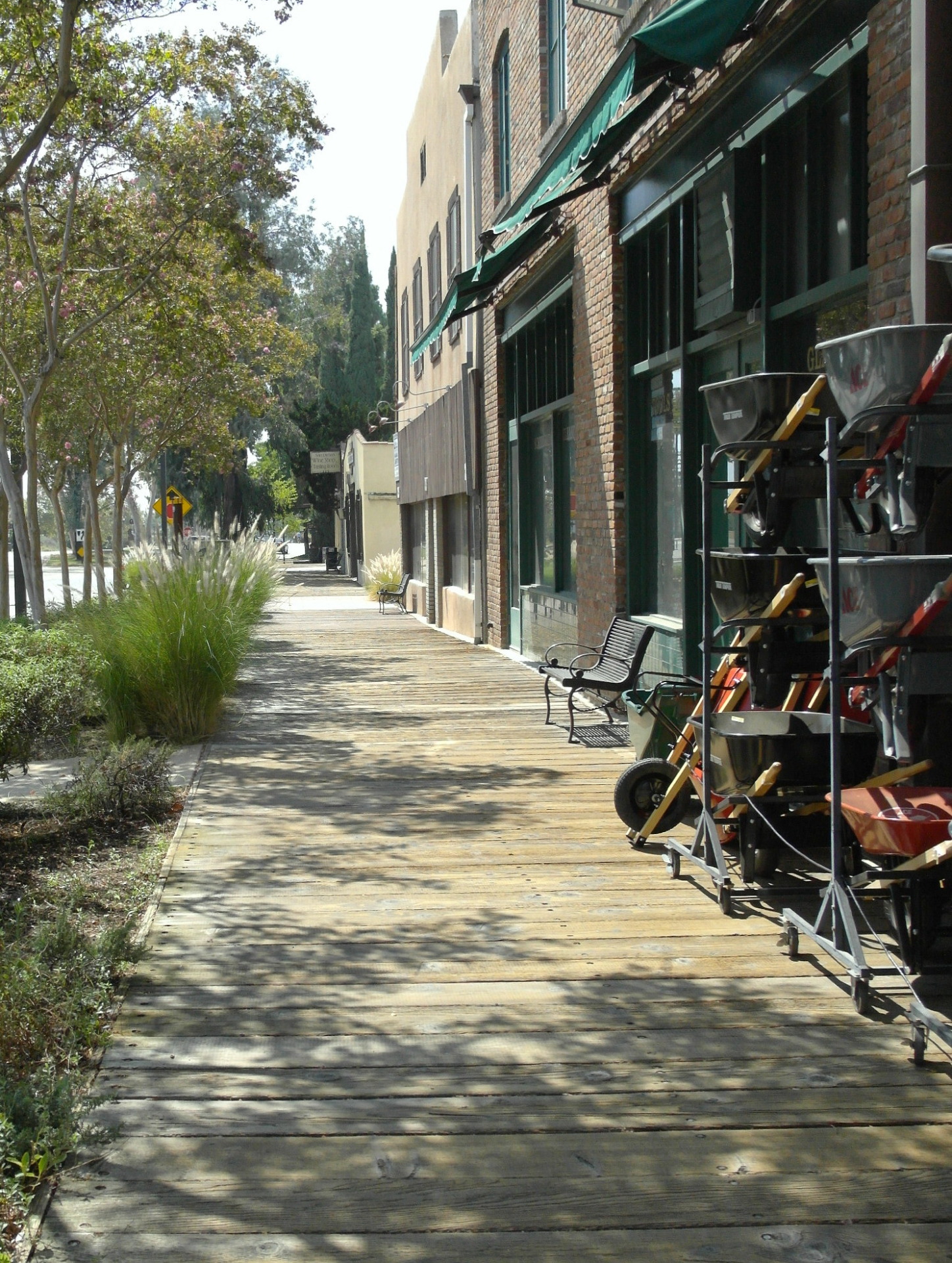 Downtown San Dimas storefronts and wooden sidewalk, August 2014.