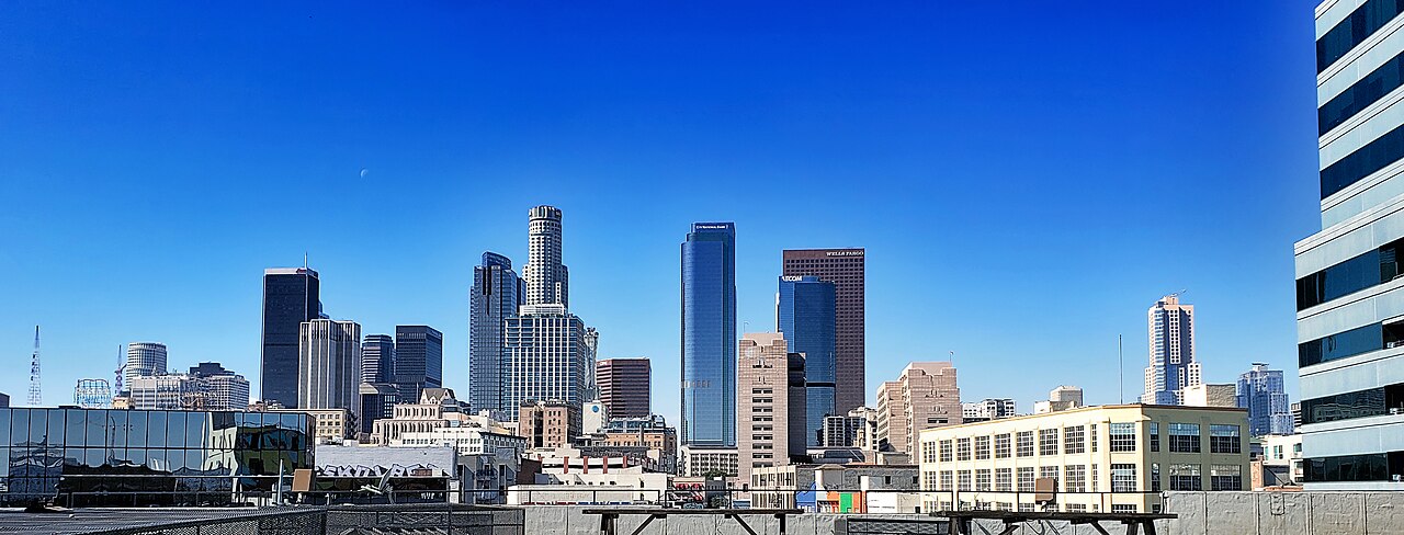 View from the Toy District toward the Downtown Los Angeles skyline.